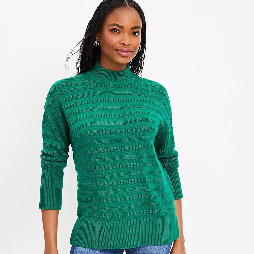 Loft Textured Stripe Mock Neck Tunic Sweater Green Medium NWT